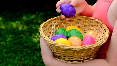 Easter Egg Hunt.Child's hand puts egg in basket. Easter holiday tradition.Child collect Easter eggs in the spring garden. Colorful easter eggs. Spring religious holiday. 4k footage