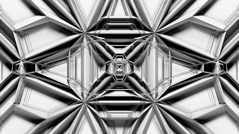 3d render of black and white monochrome abstract art video loop animation with part of surreal alien fractal cyber cube or box object in transformation process with wire metal structure 