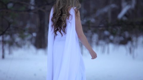 girl in a white dress. angel. forest nymph in light clothes. Young woman snow queen. Fashion model, beautiful face. Elven cloak, princess in winter forest, trees in hoarfrost, snow.