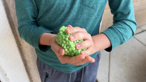 Young boy playing with green slime that has white beads. 
