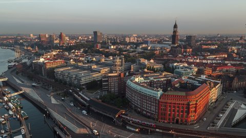 Hamburg, Germany - circa 2021; Establishing Aerial View Shot of Hamburg De, Mecklenburg-Western Pomerania, Germany, promenade area in the morning