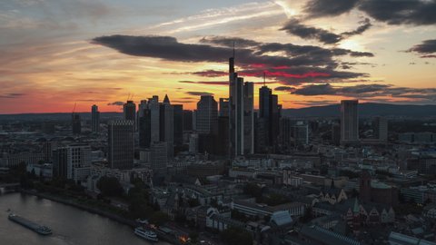 Colorful magical sunset, Establishing Aerial View Shot of Frankfurt am Main De, financial capital of Europe, Hesse, Germany, track in 