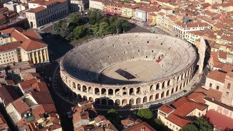 Fly over Arena di Verona, Italy. Point of interest to Verona city center. Aerial view of Piazza Bra, Italian city of Verona.