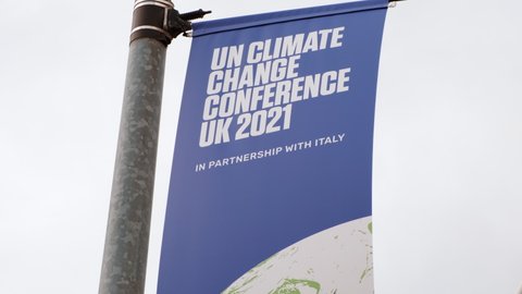 GLASGOW, NOV 2021 - Giant poster announcing COP 26 in Glasgow, Scotland, UK, the Conference of the Parties aiming at tackling Climate Change