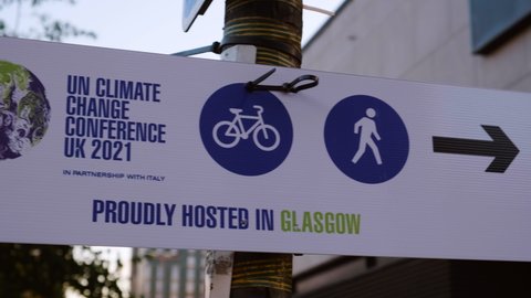 GLASGOW, NOV 2021 - Street poster announcing COP 26 in Glasgow, Scotland, UK, the Conference of the Parties aiming at tackling Climate Change