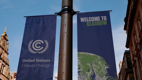 GLASGOW, NOV 2021 - Giant posters announcing COP 26 in Glasgow, Scotland, UK, the Conference of the Parties aimed at tackling Climate Change