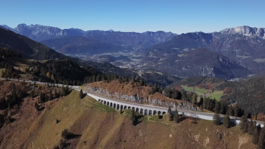 Aerial view of Rossfeld Panorama road, Berchtesgadener Land, Bavaria, Germany.