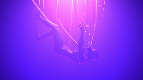 Woman in VR glasses hang on cables in neon space data flow into her. Metaverse avatar concept. Ultraviolet cyberpunk illustration. Loopable 3d render