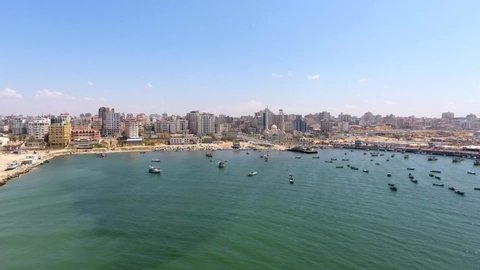 Drone footage of the Mediterranean Sea and Gaza City, West Bank, the largest city of the State of Palestine, circa August 2021