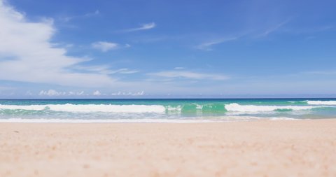 Panorama Beach space. Landscape sea blue sky and clouds daylight. Wave sand and white foamy nature on sunny summer. Seascape,Landscape, cloudscape. 