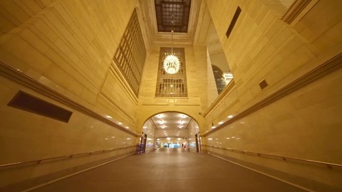NEW YORK CITY, USA - OCT 21, 2021: Interior of Grand central station in New York City NYC. Glide dolly shot slow motion. NYC urban center, tourism destination in America, modern city USA. Manhattan  