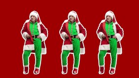 Happy Christmas, New Year. Stop motion design, art animation. Dancing man as bad Santa Claus. Fashion dance on red . Funny, modern, conceptual, contemporary bright 4k artcollage. Party time concept