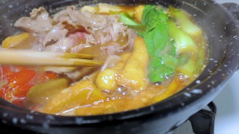 The hot dinner is Japanese style pot sukiyaki