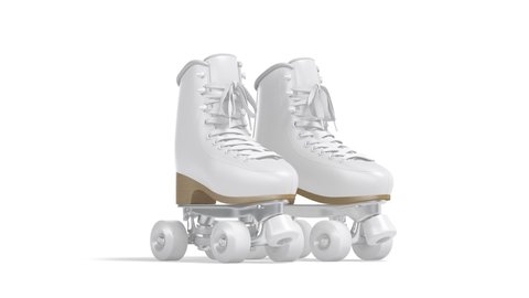 Blank white roller skates with wheels mockup pair, looped rotation, 3d rendering. Empty sport skate boots mock up, isolated on white background, 4k video. Clear quad roller-skates equipment template.