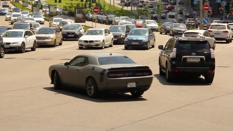 Kiev, Ukraine - June 19, 2021: Gray Dodge Challenger SRT8 in the city. American Muscle Car