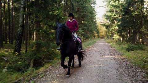 Happy Equestrian trots with black friesian horse through the green forest while enjoying life