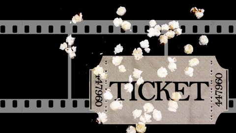 Popcorn flies upwards. In the background is a filmstrip and a cinema ticket. Template on the theme of cinema.