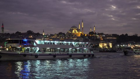 Evening Istanbul, Golden Horn Bay, view of the Suleymaniye Mosque. Turkey Istanbul September 2021