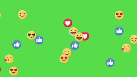 CHERNIHIV, UKRAINE - November 2021: Social media positive emoji, animation coming from left to right on green chroma key, messenger concept for compositing and motion design.