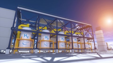 H2 Hydrogen renewable energy production - hydrogen gas for clean electricity solar and windturbine facility. 3d rendering.