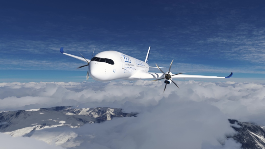 Hydrogen filled H2 Airplane flying in the sky - future H2 energy concept. 3d rendering