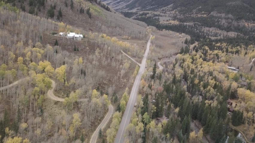 Drone aerial over Aspen Colorado in the fall season. 