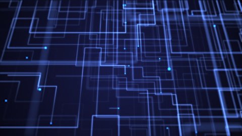 Abstract blue tech computer circuit board styled background with fast moving particle nodes transferring digital data. This modern technology motion background is HD and a seamless loop.