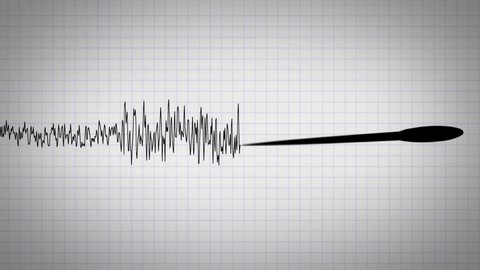 Seismometer scale drawing waves of an earthquake on a paper. Measuring the magnitude of a volcanic activity or a quake. Richter scale detecting the intensity of shaking