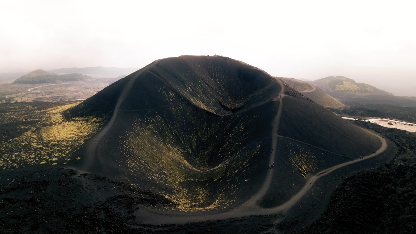 Aerial Etna volcano crater, fog, mountain view, Catania, Sicily, Italy, hiking, walking.