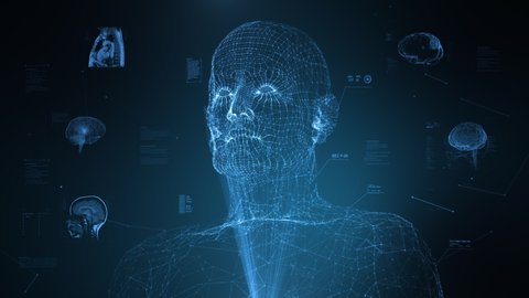 Artificial Intelligence Face Scanner. Facial Recognition and Biometric Medical Information. 3D Model Animation of Wireframe Human Body. Head, Brain And Torso MRI. Virtual Reality.