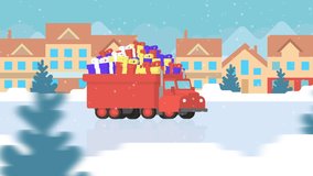 Deliver of Christmas gift package boxes on a red car truck on snow winter city road. Loop flat design 2d 4k Animation illustration cartoon. Snowfall countryside outdoor background. - Powered by Shutterstock - Get 15% off with code: PIKWIZARD15