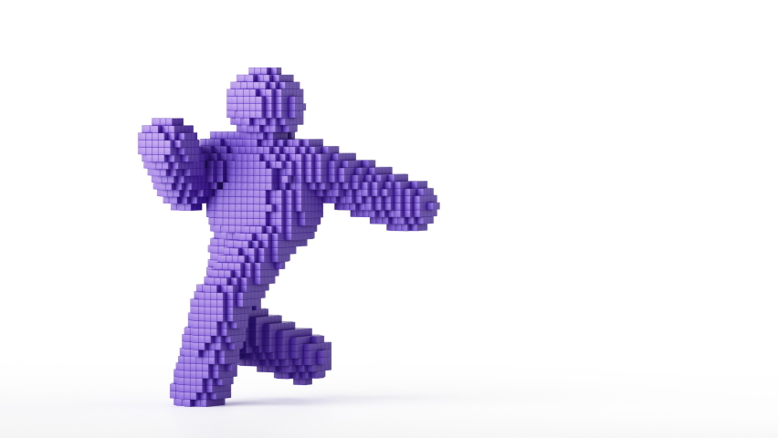 looping 3d animation with alpha channel, violet voxel man cartoon character dancing. Funny mascot isolated on white background Royalty-Free Stock Footage #1082005661