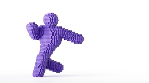 looping 3d animation with alpha channel, violet voxel man cartoon character dancing. Funny mascot isolated on white background