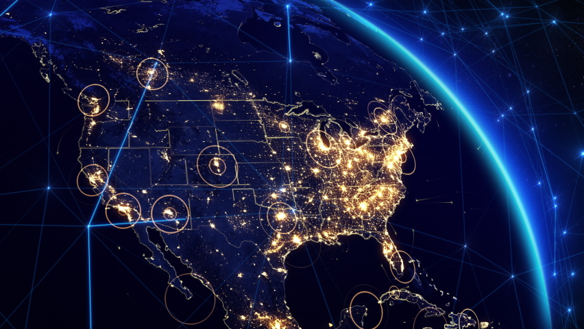 Animation of Earth Rotating. United States Map with Bright Connections and City Lights. Blue Lines and Nodes Representing Satellite, Mobile and Technological Signals.  Royalty-Free Stock Footage #1082005757