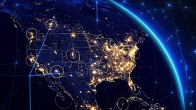 Animation of Earth Rotating. United States Map with Bright Connections and City Lights. Blue Lines and Nodes Representing Satellite, Mobile and Technological Signals.  - Powered by Shutterstock - Get 15% off with code: PIKWIZARD15