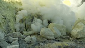Cinematic aerial view of sulfur mine spewing toxic sulfur gas clouds at the crater of Kawah Ijen volcano, East Java, Indonesia