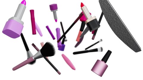 Cosmetic products. Make-up tools set concept. Different makeup accessories fly on white background. Isolated. Beauty animation. Lipstick, mascara, brush, nail Polish. Skin care.