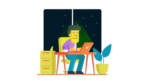 Looping animation of a Businessman or employee working at home or office overtime, hard worker working on his laptop day an night. Motion graphics of a successful freelancer do an overwork.