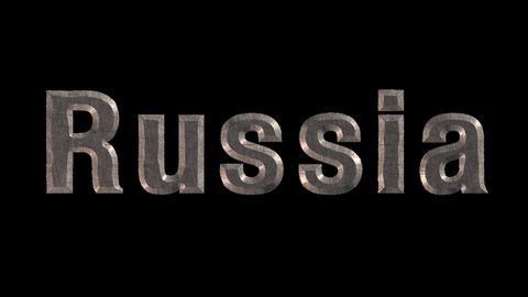 Metal text Russia is gilded sparks and shines. Success, prosperity and development concept. Prorez with alpha, easy to place on any background.