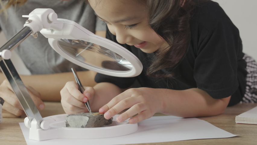 Asian mother and her daughter are learning science experiment at home by observing fossil rock through magnifying glass. It shows concept of family learning with fun, happiness and curiosity. | Shutterstock HD Video #1082020415
