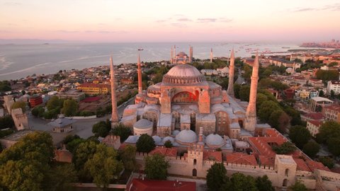 Hagia Sophia Grand Mosque (Hagia Sophia) with Golden Horn in the background. Aerial versatile view.