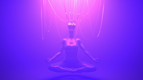 Woman in VR glasses in meditation pose connected with cables to metaverse. Avatar neon concept. Ultraviolet cyberpunk loopable animation.