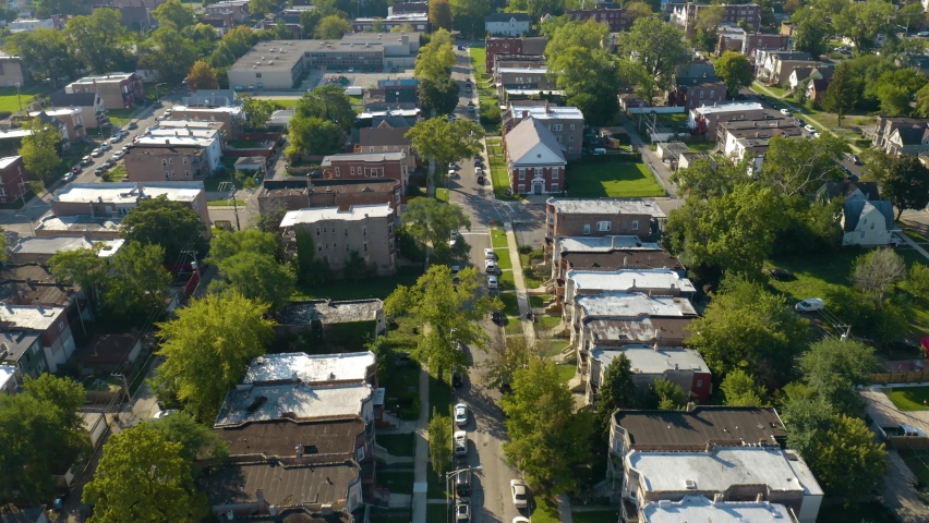Drone Flying Above City Street in Englewood, Chicago. Summer. Southside Royalty-Free Stock Footage #1082041565