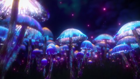 Psychedelic Mushroom Motion Graphics 3D Animation. Blue Magical Forest. A Trippy VJ Loop 4K. Can be Used as Music Background or for Live Concert Video