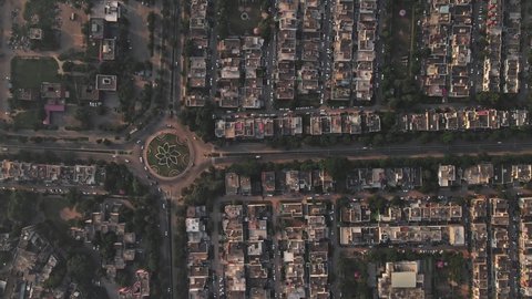 Aerial view of Panchkula city as seen from above. Top angle drone shot of a planned Indian city. Bird-eye view of rooftops in a planned town in India. Aerial shot of Panchkula, Chandigarh, India. 4K