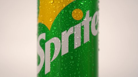 Europe, Italy , Milan November 2021 - Can of  Sprite  carbonated soft drink logo close-up : the most famous  can in the world with fresh drops of water