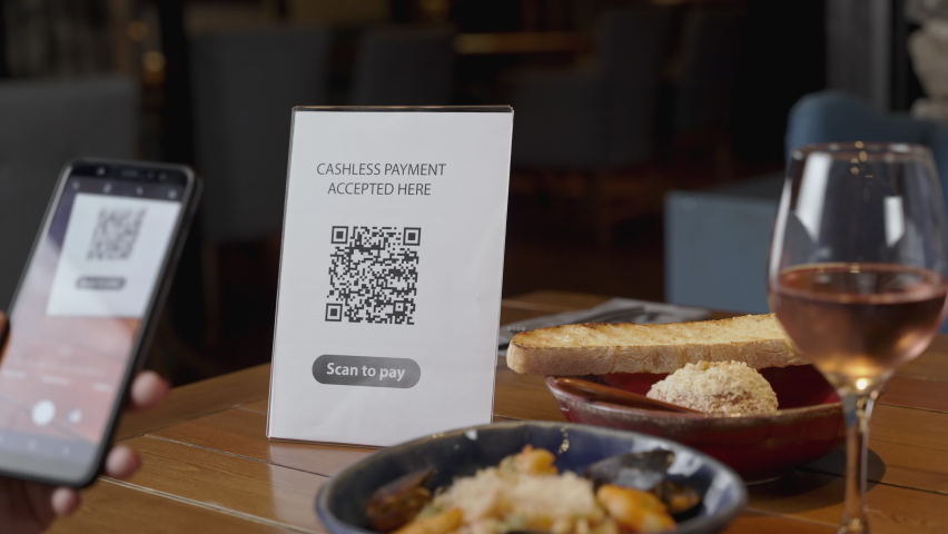 Hand scanning QR code. Contactless payment by smartphone via QR code, use cashless, nfc, scan app, sale in, take out, food drink order in restaurant. Concept of shopping | Shutterstock HD Video #1082054276