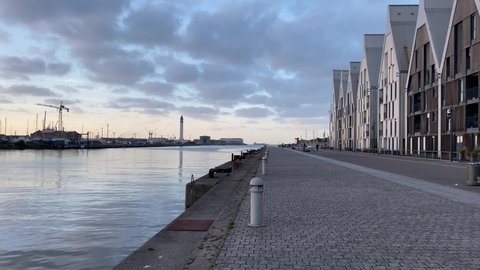 Channel of Dunkerque port and ecological buildings