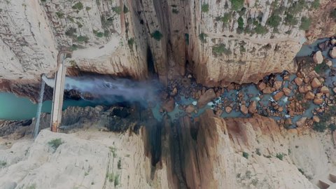 Drone 4k shot of Royal Trail El Caminito del Rey in gorge Chorro, Malaga province, Spain