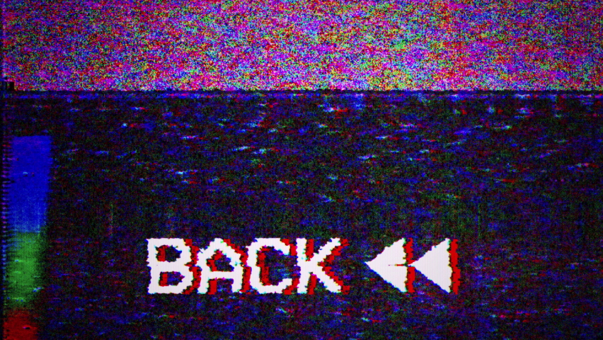 Videocassette recorder (VCR). Rewind sign, arrows. VHS defects, artifacts and noise. Glitches of old damaged tape cassettes. Static dynamic TV noise on display or screen. Retro vintage 4K texture  | Shutterstock HD Video #1082062514